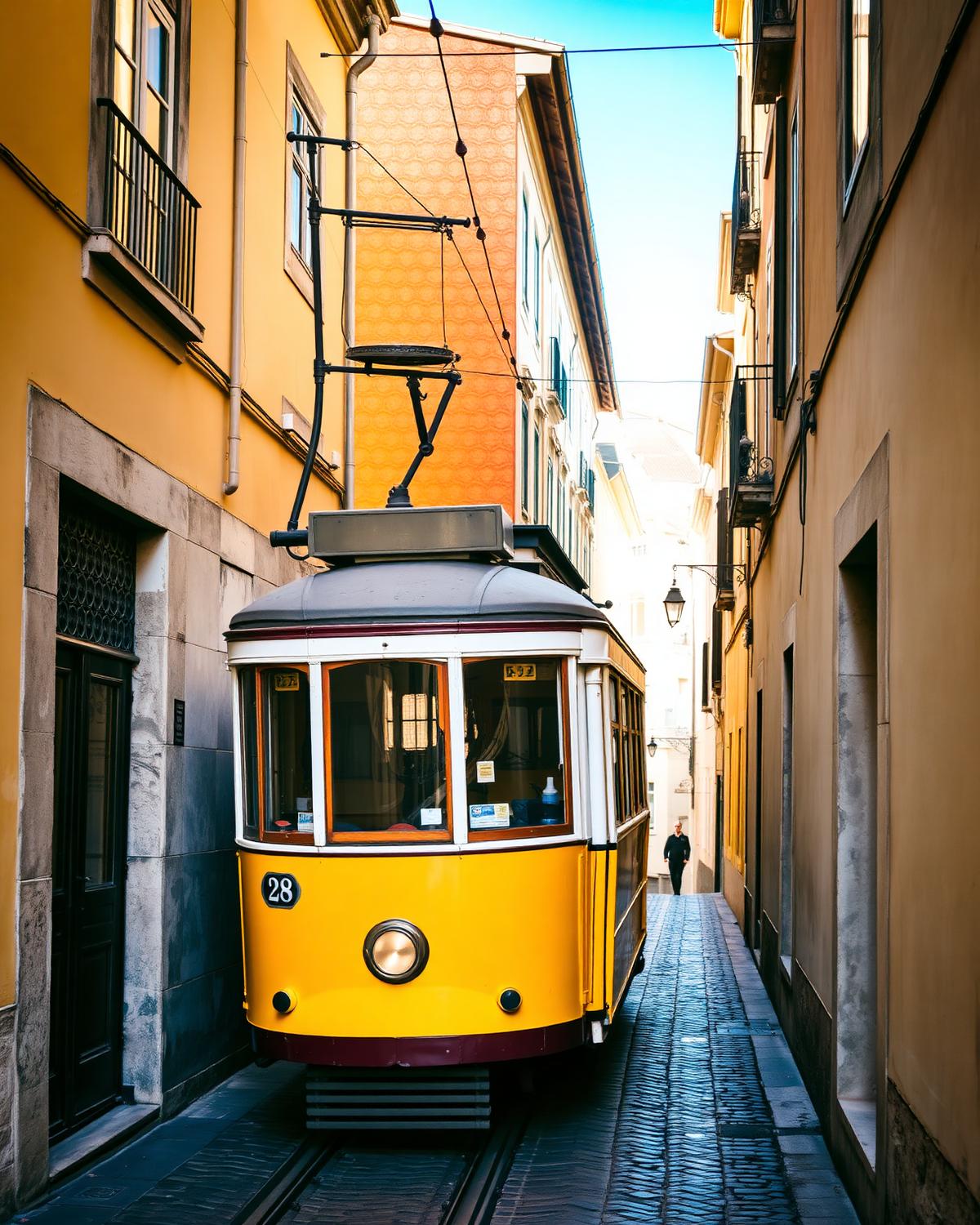 Lissaboner Straßenbahn 28 in engen Gassen der Alfama